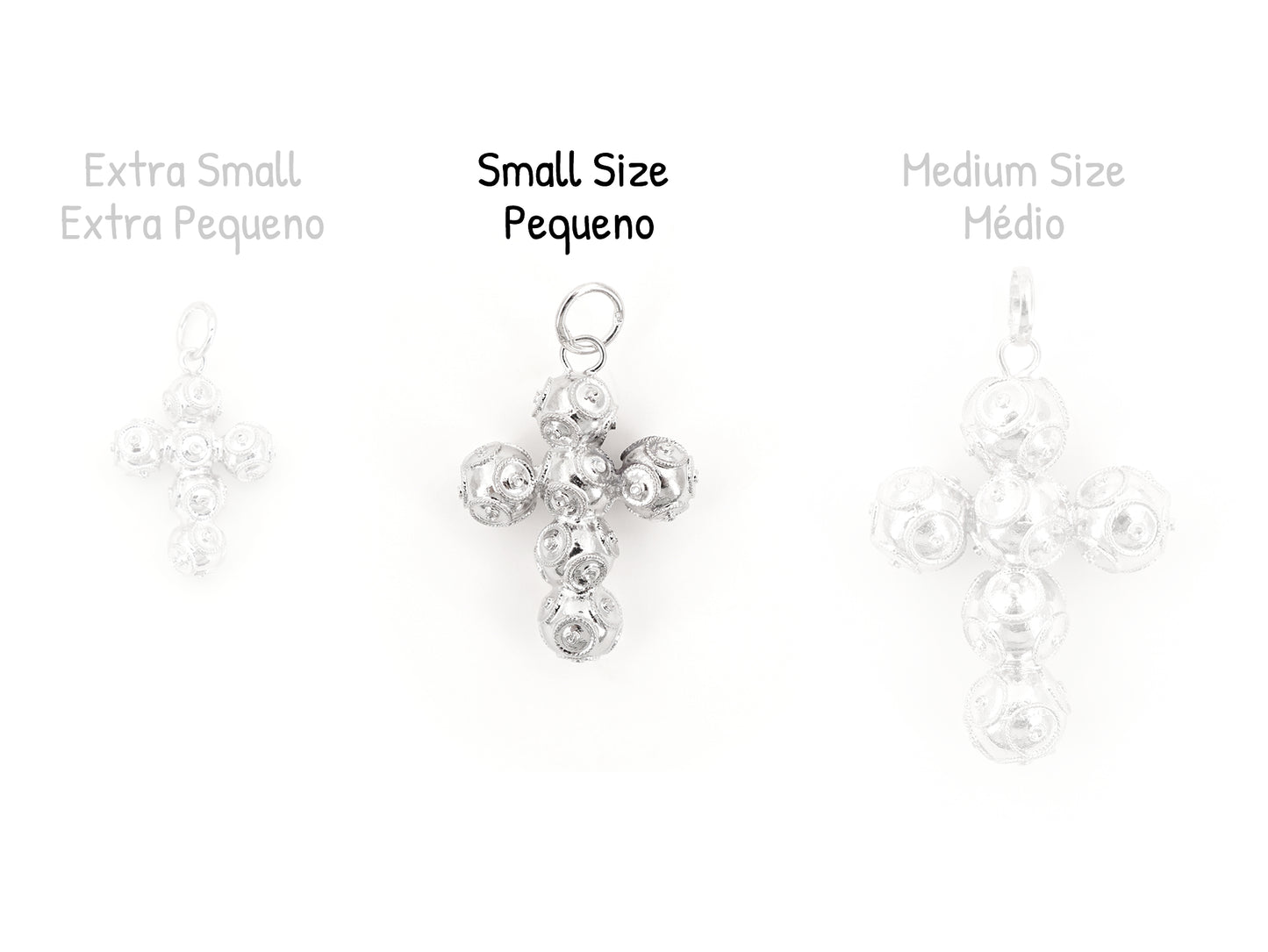Cruz Pequena de Contas de Viana, Filigrana Portuguesa, Prata de Lei 925 - Comparação com Outros Tamanhos Disponíveis
