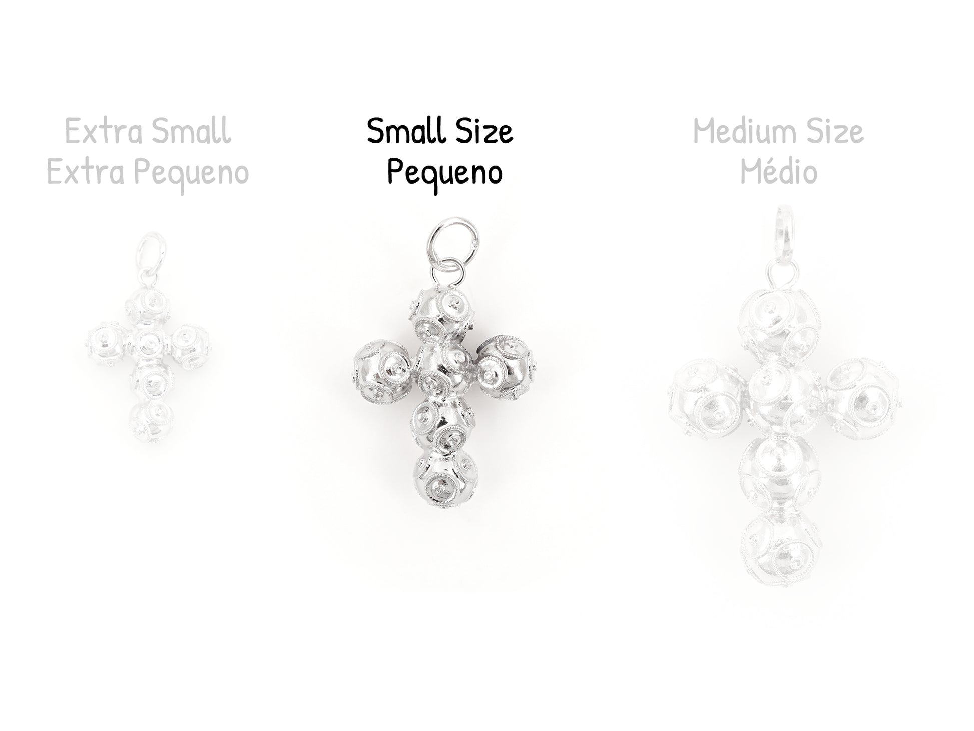 Cruz Pequena de Contas de Viana, Filigrana Portuguesa, Prata de Lei 925 - Comparação com Outros Tamanhos Disponíveis