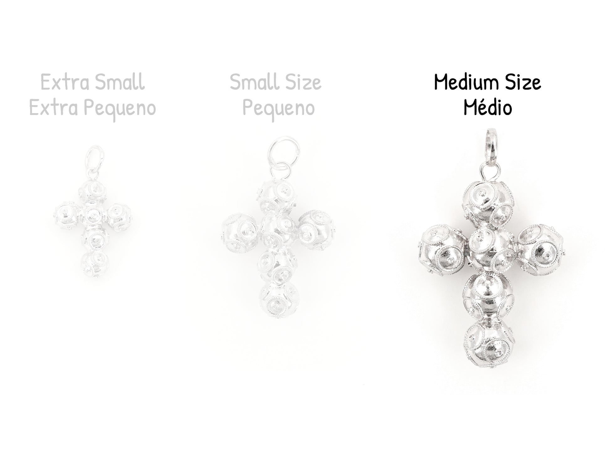 Cruz Média de Contas de Viana, Filigrana Portuguesa, Prata de Lei 925 Dourada - Comparação com Outros Tamanhos Disponíveis