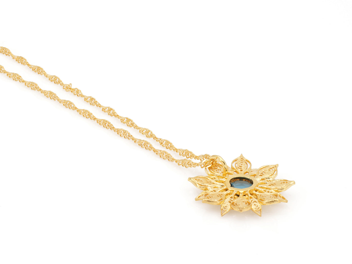 Colar Flor Rica com Pedra, Filigrana Portuguesa, Prata de Lei 925 Dourada - Vista de Trás