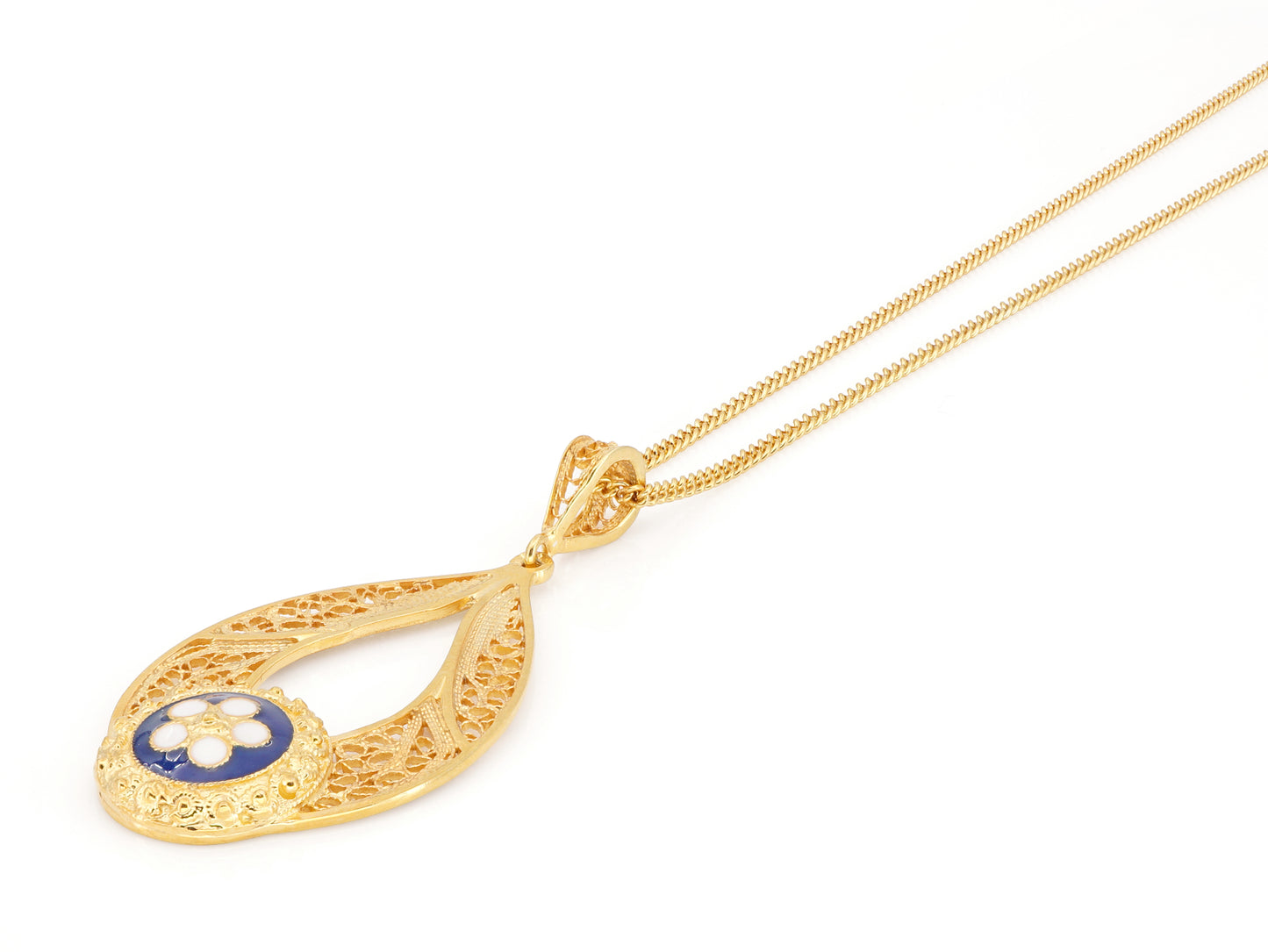 Colar Lágrima com Caramujo, Filigrana Portuguesa, Prata de Lei 925 Dourada