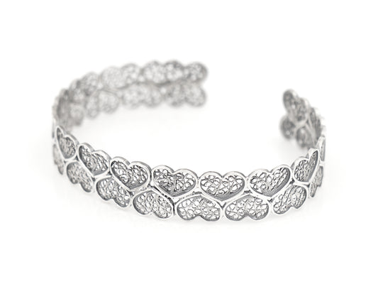 Bracelet Manchette Petits Coeurs de Viana, Filigrane Portugaise, Argent 925