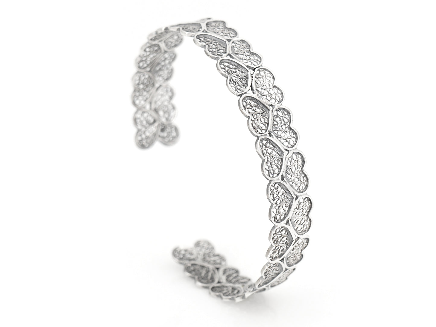 Bracelet Manchette Petits Coeurs de Viana, Filigrane Portugaise, Argent 925