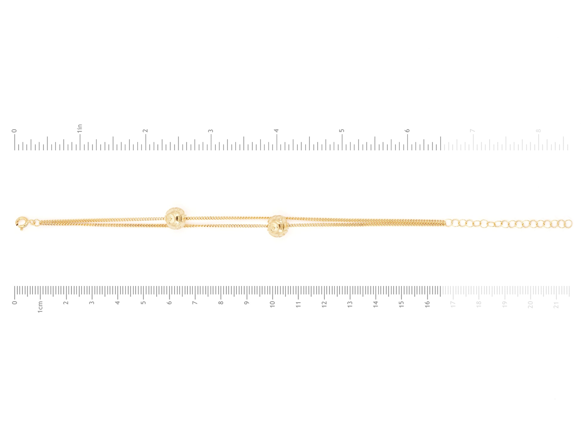 Pulseira com Duas Contas de Viana Médias, Filigrana Portuguesa, Prata Dourada 925 - Medidas