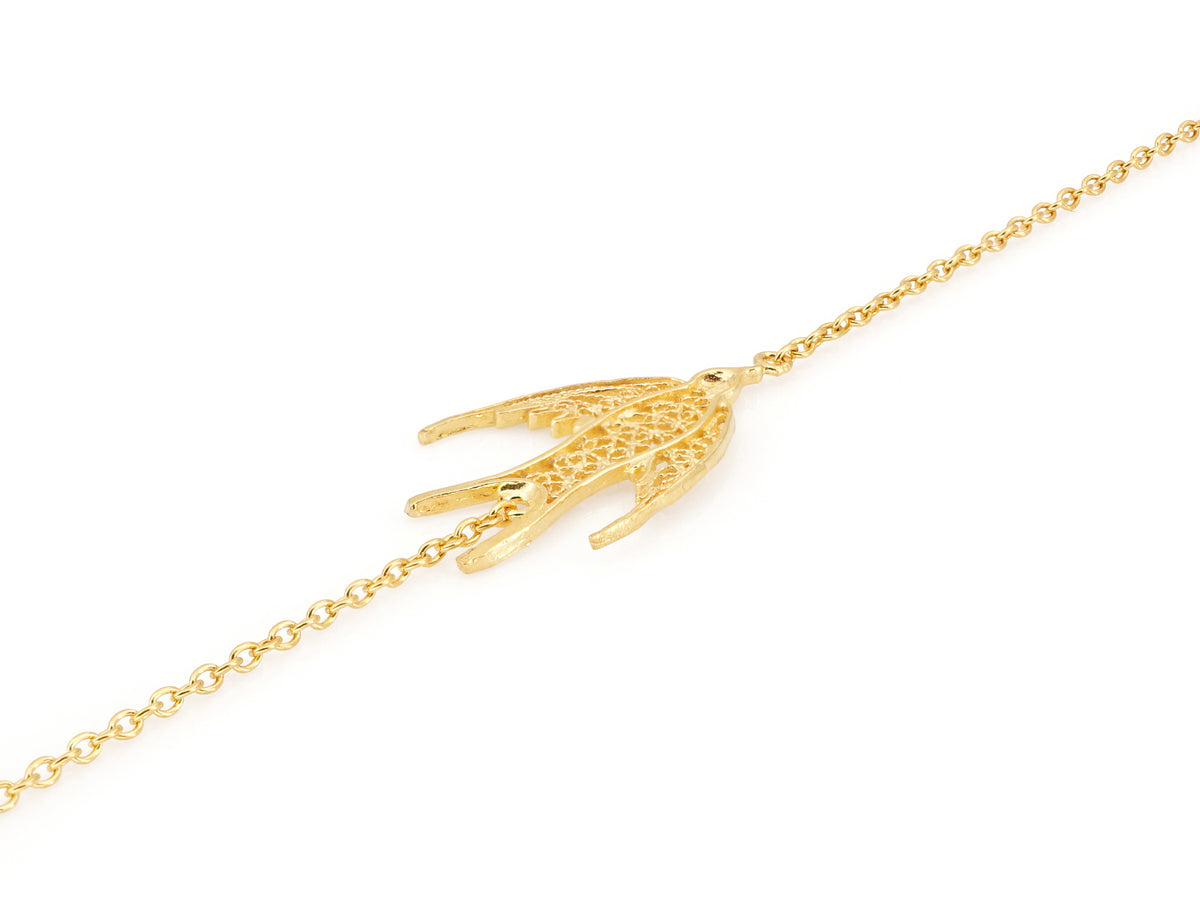 Pulseira Mini Andorinha, Filigrana Portuguesa, Prata de Lei 925 Dourada - Perspectiva, Vista de Frente
