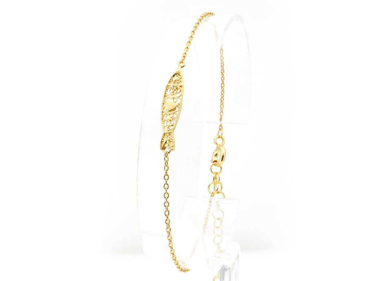 Pulseira Mini Sardinha, Filigrana Portuguesa, Prata de Lei 925 Dourada - Pulseira em Exposição