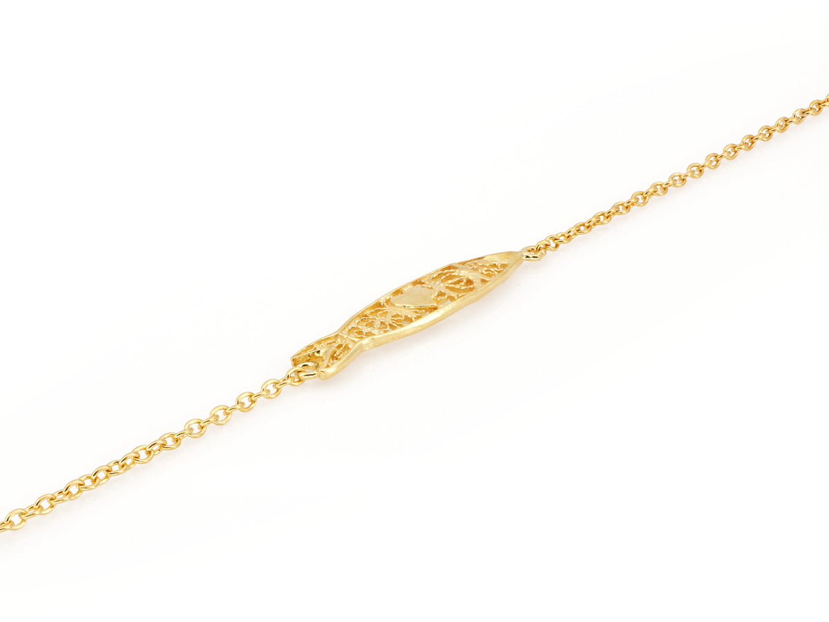 Pulseira Mini Sardinha, Filigrana Portuguesa, Prata de Lei 925 Dourada - Pormenor, Perspectiva Vista de Frente