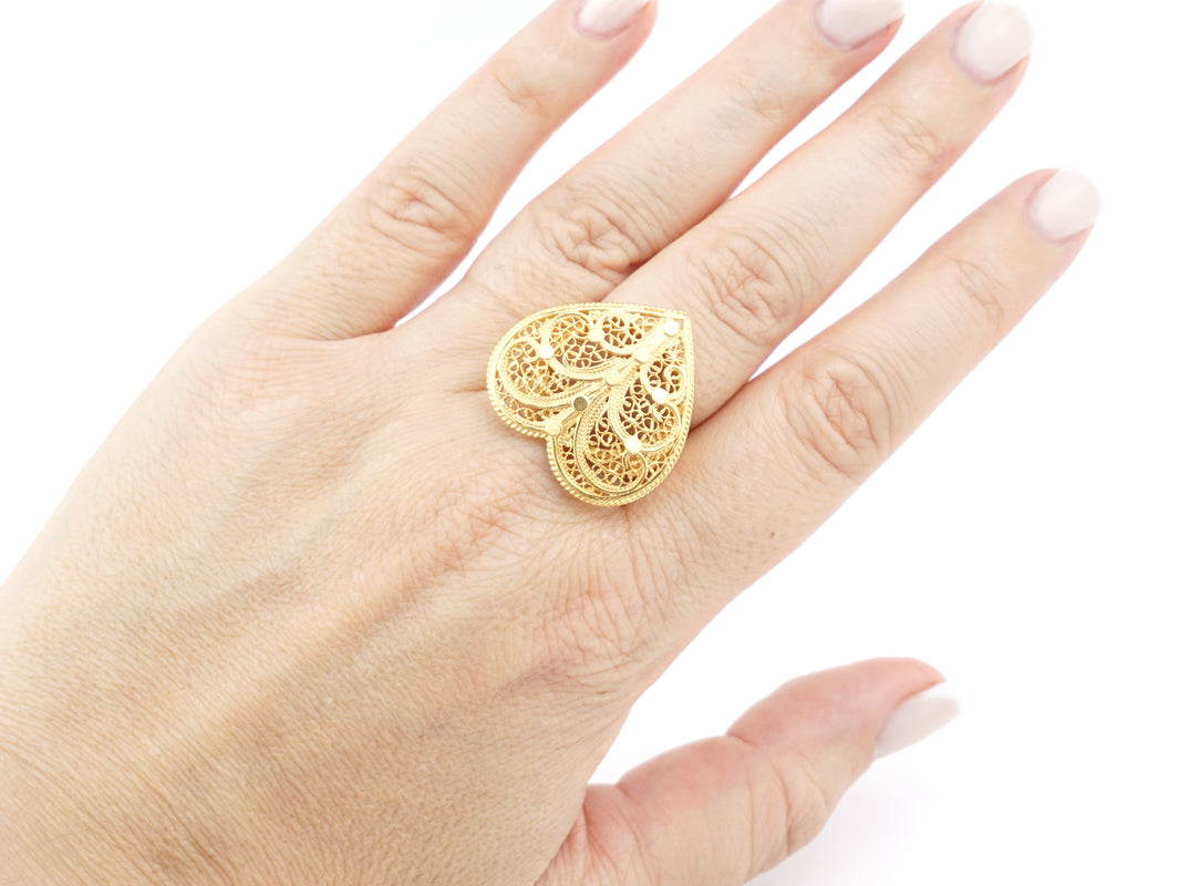 Anel Coração Grande, ajustável, Filigrana Portuguesa, Prata de Lei 925 Dourada - Anel no dedo