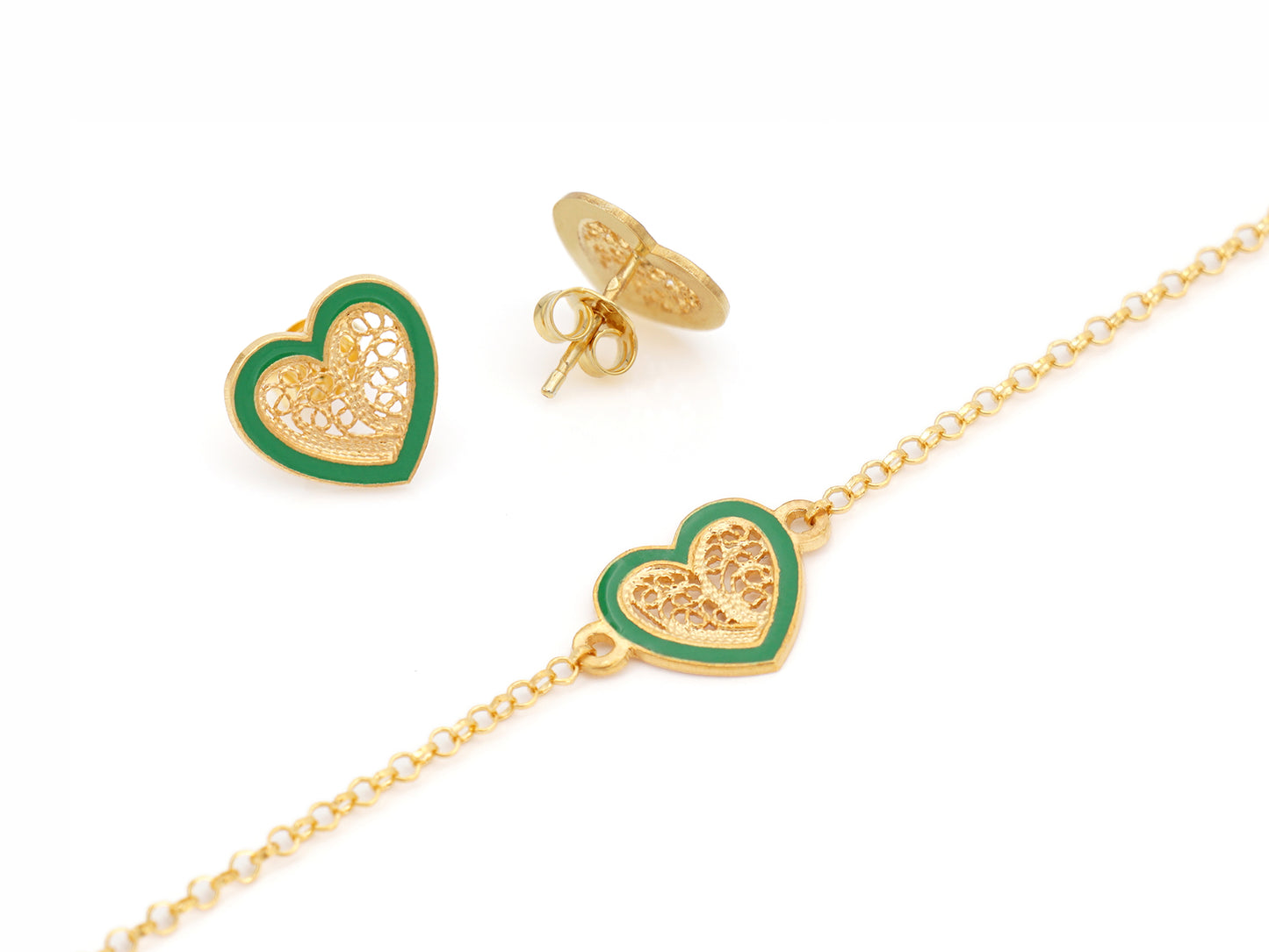Conjunto Brincos + Pulseira Coração Pequeno Esmalte Verde, Filigrana Portuguesa, Prata de Lei 925 Dourada