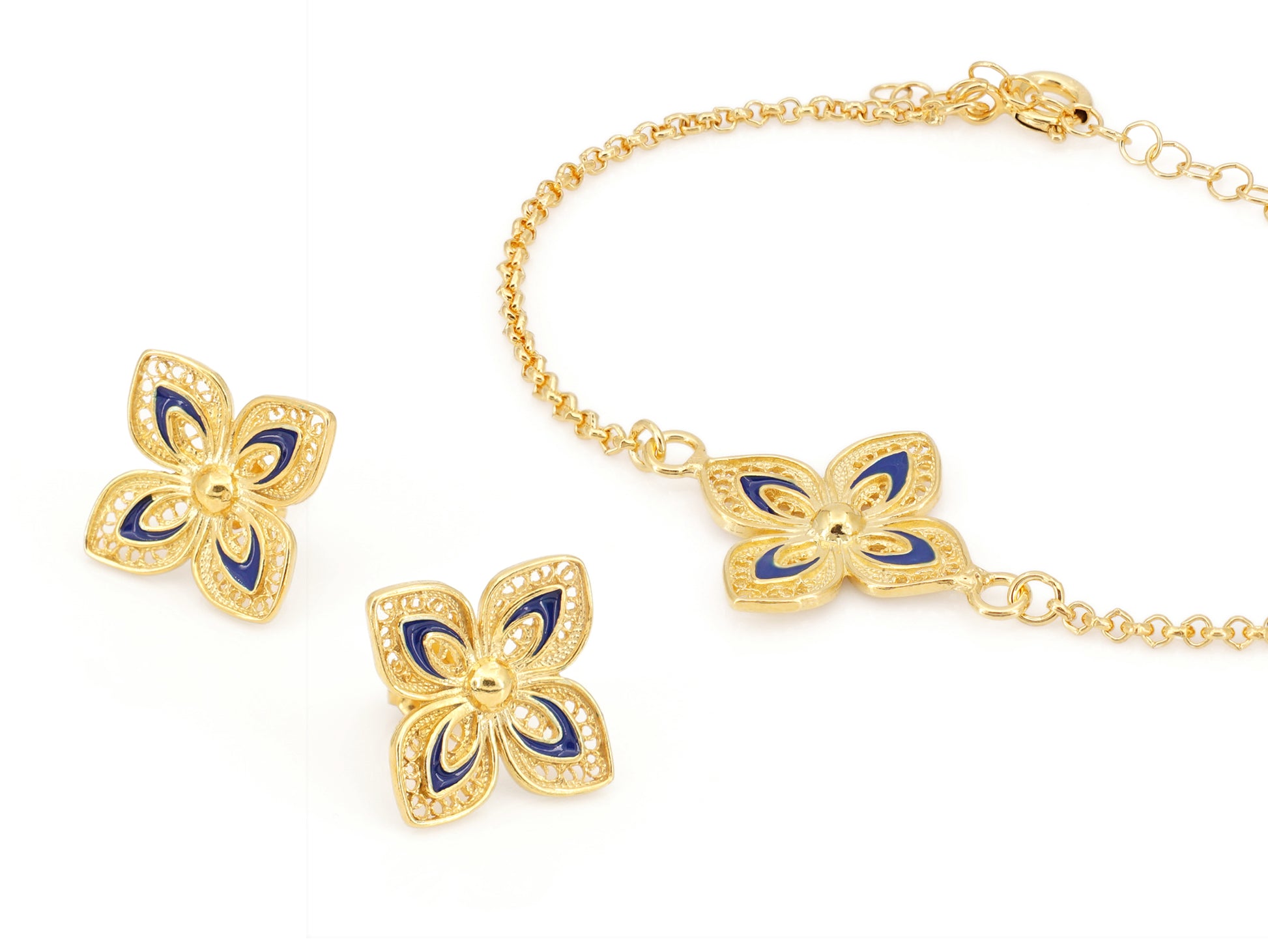Conjunto Brincos e Pulseira Flores Clássicas com Esmalte, Filigrana Portuguesa, Prata de Lei 925 Dourada
