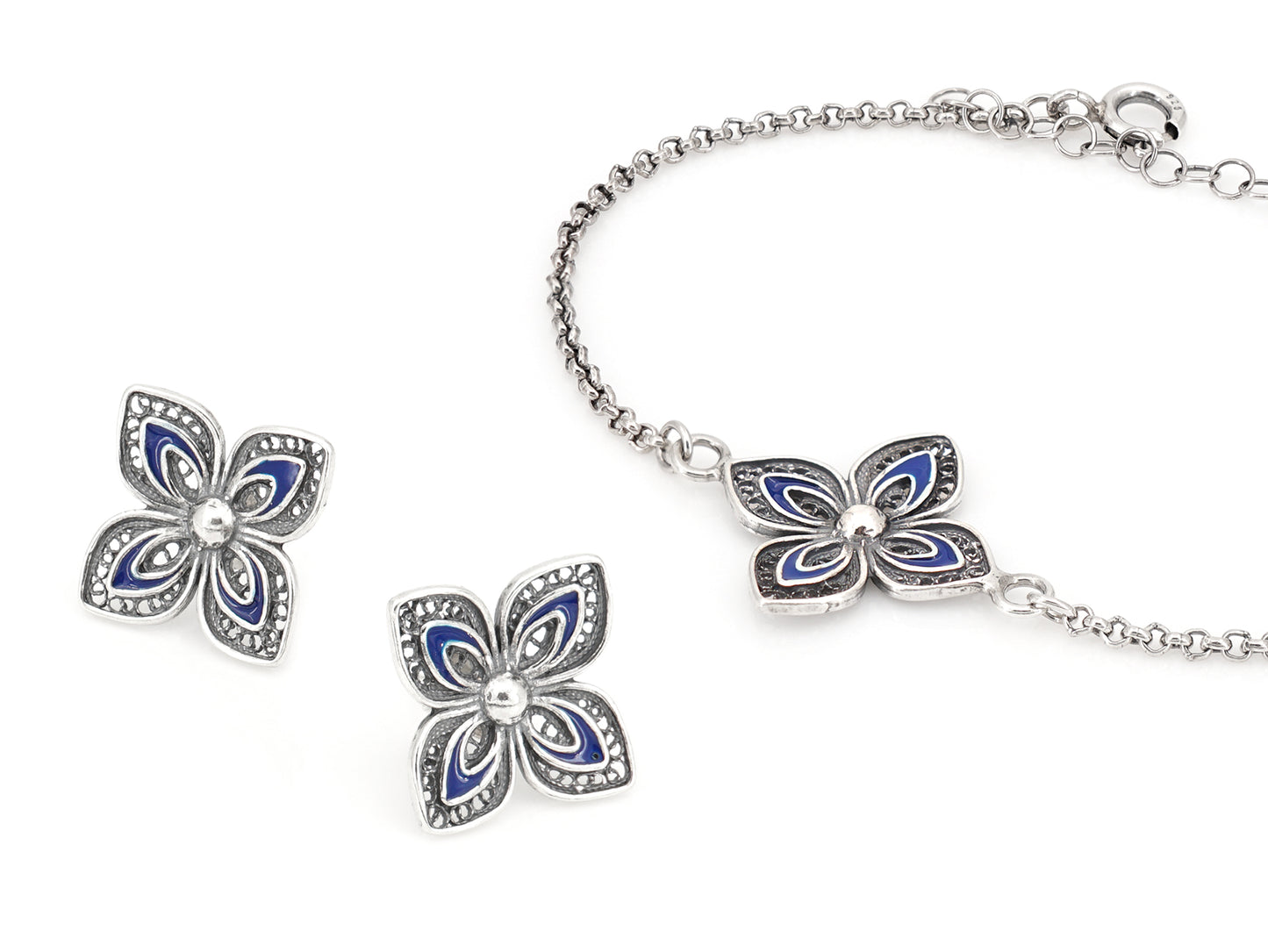 Conjunto Brincos e Pulseira Flores Clássicas com Esmalte, Filigrana Portuguesa, Prata de Lei 925 Dourada