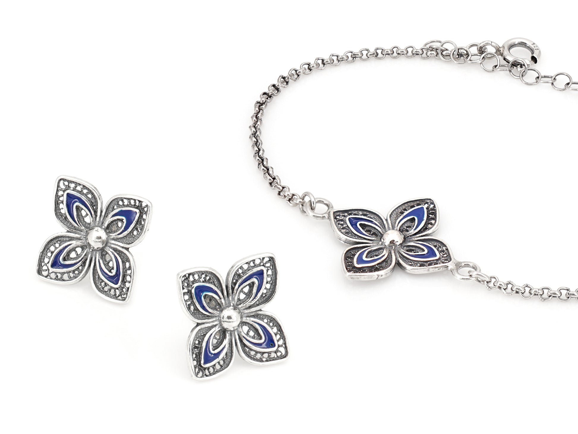 Conjunto Brincos e Pulseira Flores Clássicas com Esmalte, Filigrana Portuguesa, Prata de Lei 925 Dourada