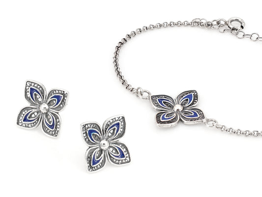 Conjunto Brincos e Pulseira Flores Clássicas com Esmalte, Filigrana Portuguesa, Prata de Lei 925 Dourada