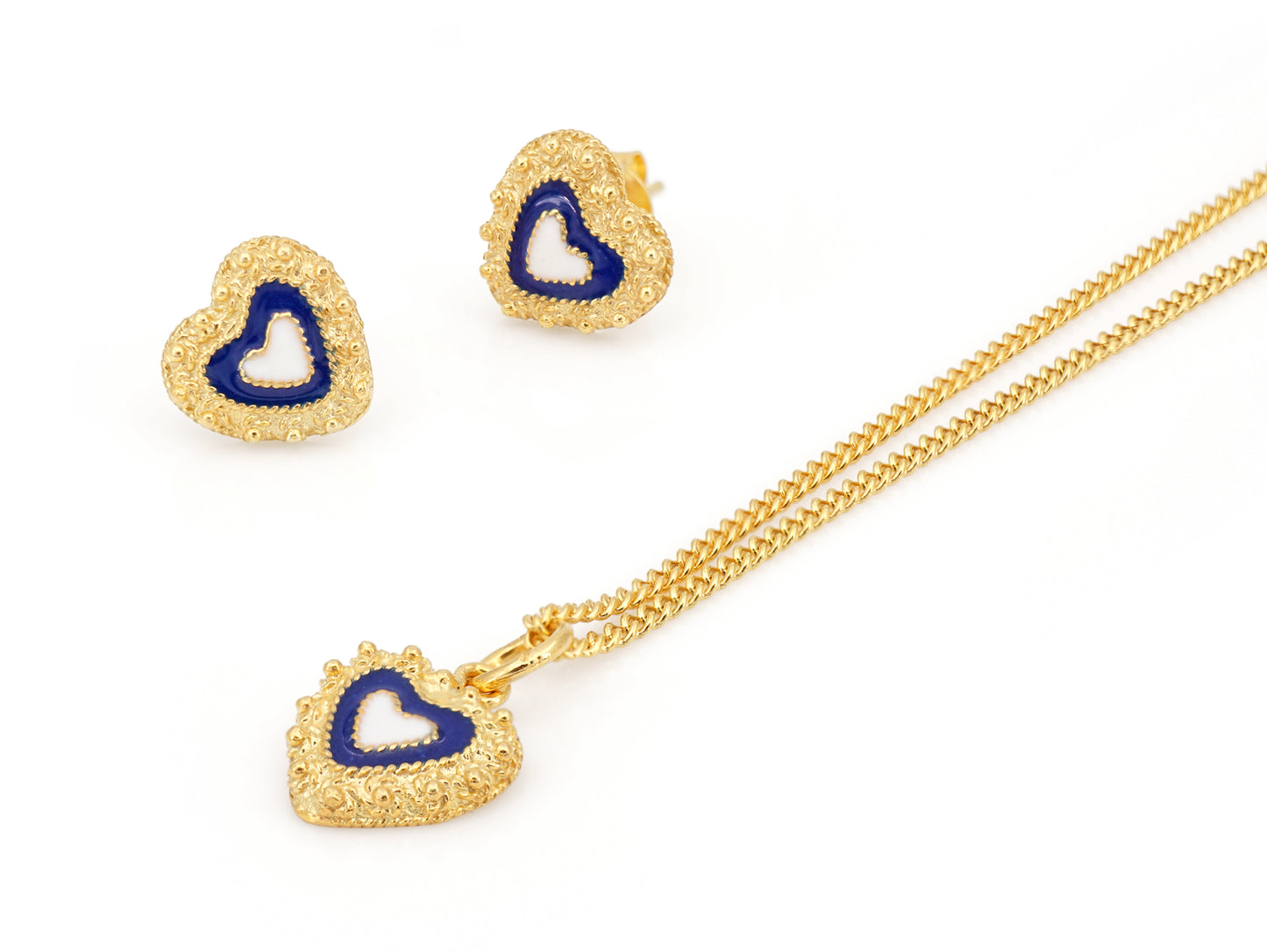 Conjunto Brincos e Colar Corações Caramujo, Filigrana Portuguesa, Prata de Lei 925 Dourada