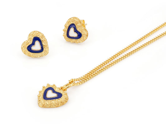 Conjunto Brincos e Colar Corações Caramujo, Filigrana Portuguesa, Prata de Lei 925 Dourada