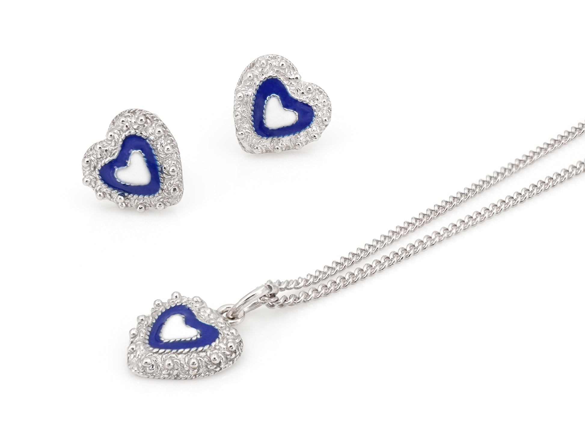 Conjunto Brincos e Colar Corações Caramujo, Filigrana Portuguesa, Prata de Lei 925