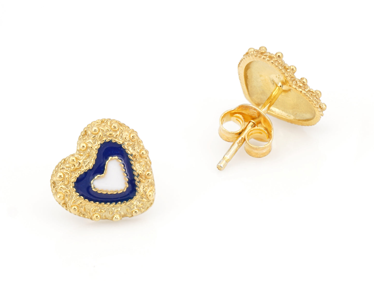 Brincos Coração Caramujo, Filigrana Portuguesa, Prata de Lei 925 Dourada - Perspectiva, Vista de Frente e Vista de Trás