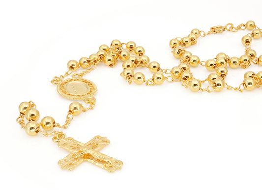 Colar Terço Filigrana Contas Lisas, Filigrana Portuguesa, Prata de Lei 925 Dourada