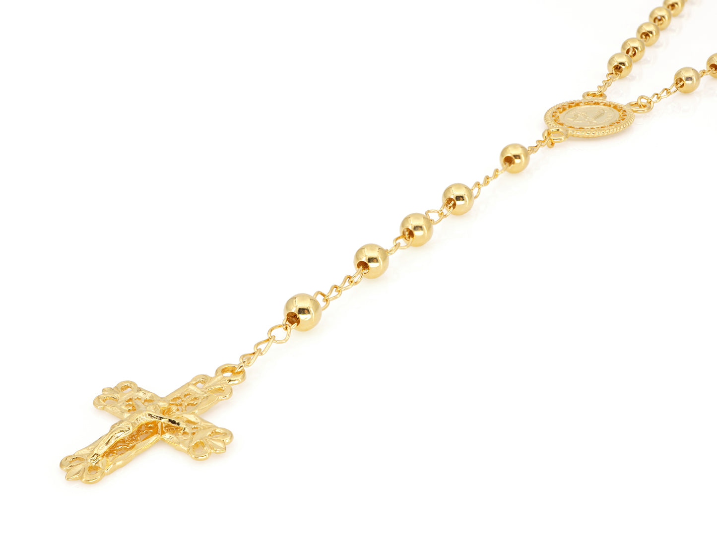 Colar Terço Filigrana Contas Lisas, Filigrana Portuguesa, Prata de Lei 925 Dourada - Perspectiva, Pormenor Cruz e Medalha