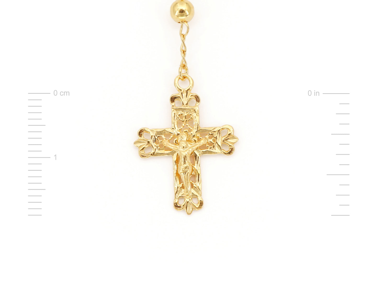 Colar Terço Filigrana Contas Lisas, Filigrana Portuguesa, Prata de Lei 925 Dourada - Medidas Cruz, Vista de Frente