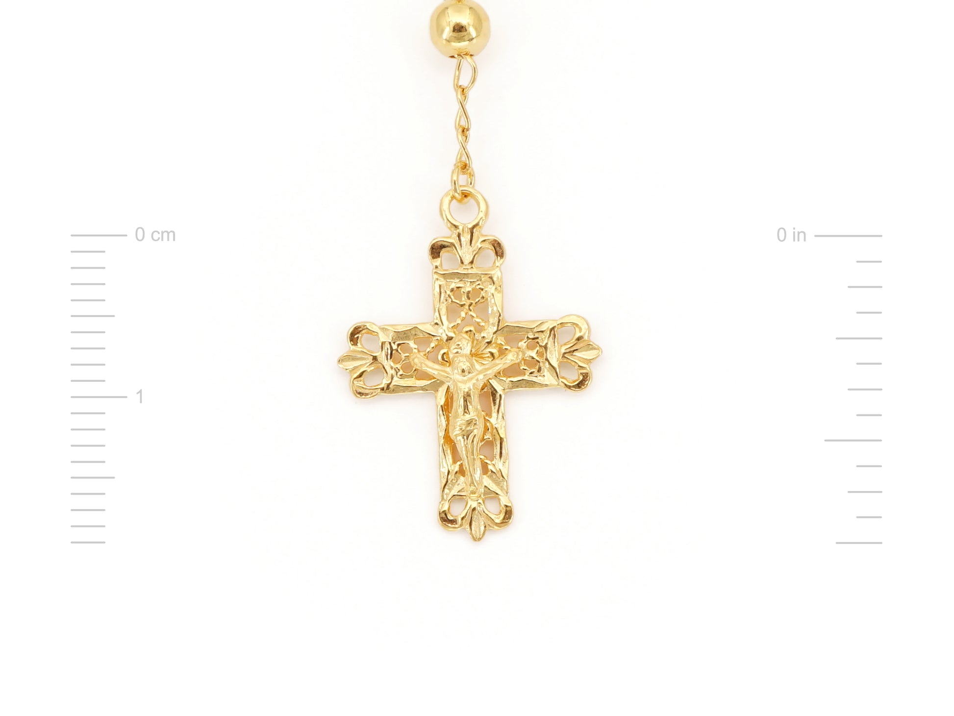 Colar Terço Filigrana Contas Lisas, Filigrana Portuguesa, Prata de Lei 925 Dourada - Medidas Cruz, Vista de Frente