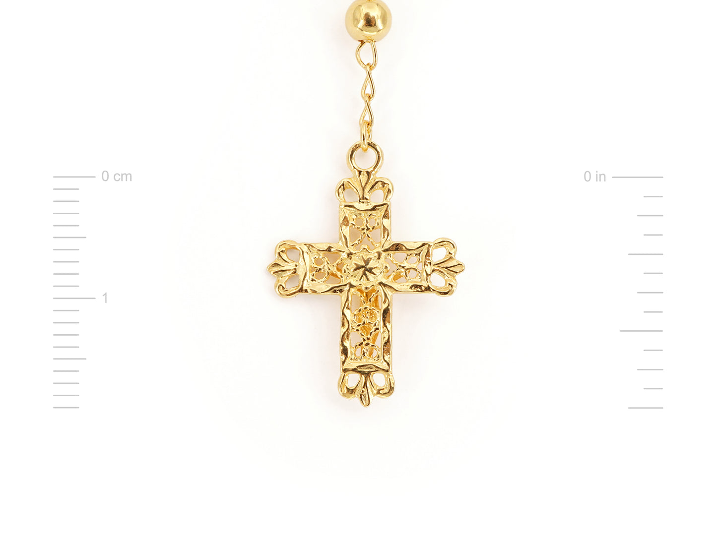 Colar Terço Filigrana Contas Lisas, Filigrana Portuguesa, Prata de Lei 925 Dourada - Medidas Cruz, Vista de Trás