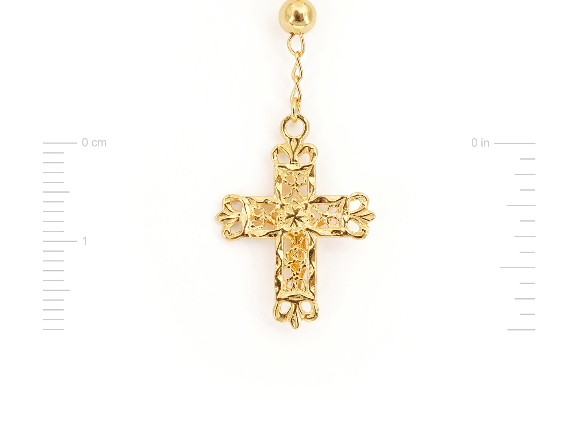 Colar Terço Filigrana Contas Lisas, Filigrana Portuguesa, Prata de Lei 925 Dourada - Medidas Cruz, Vista de Trás