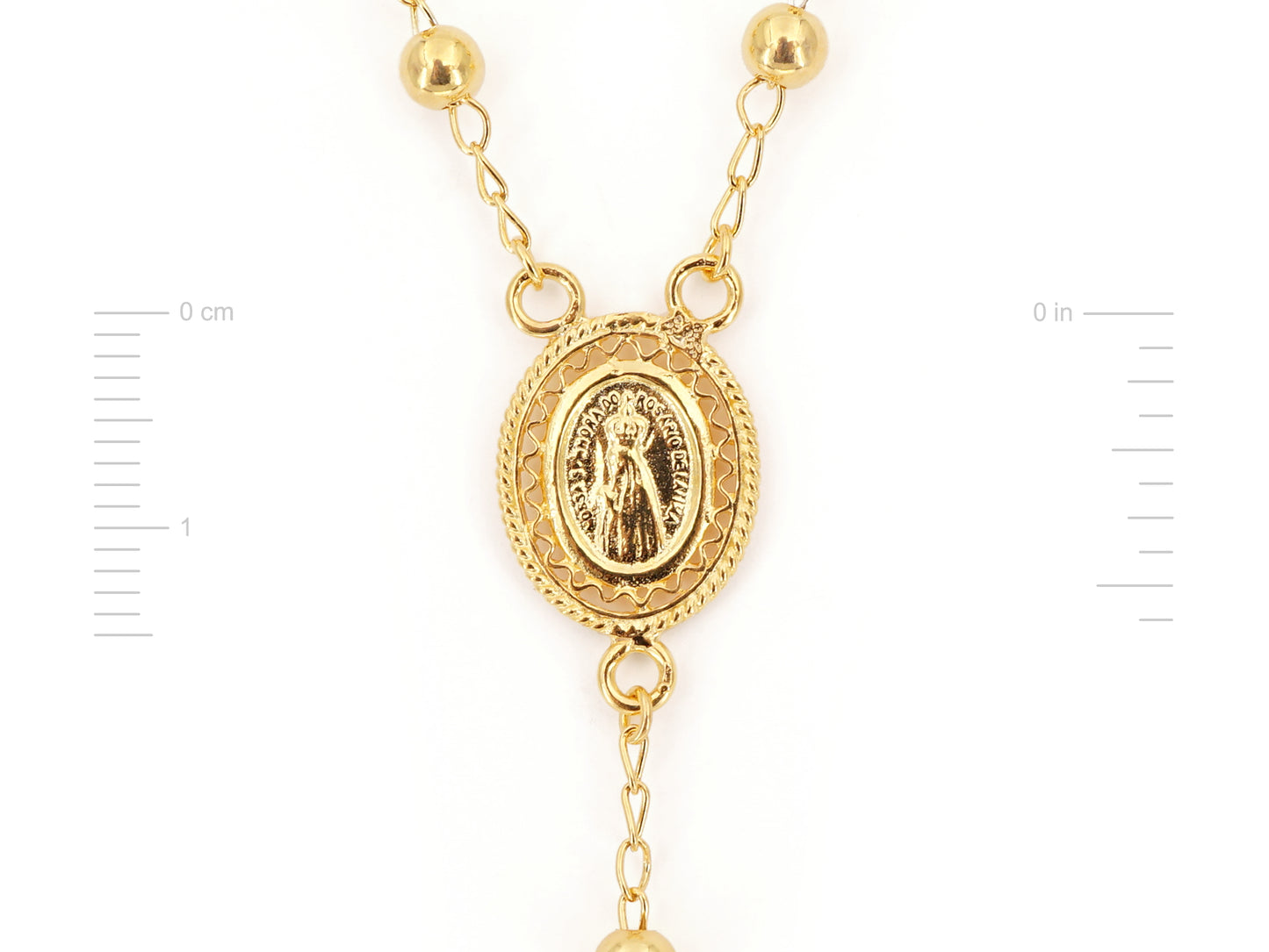 Colar Terço Filigrana Contas Lisas, Filigrana Portuguesa, Prata de Lei 925 Dourada - Medidas Medalha, Vista de Frente