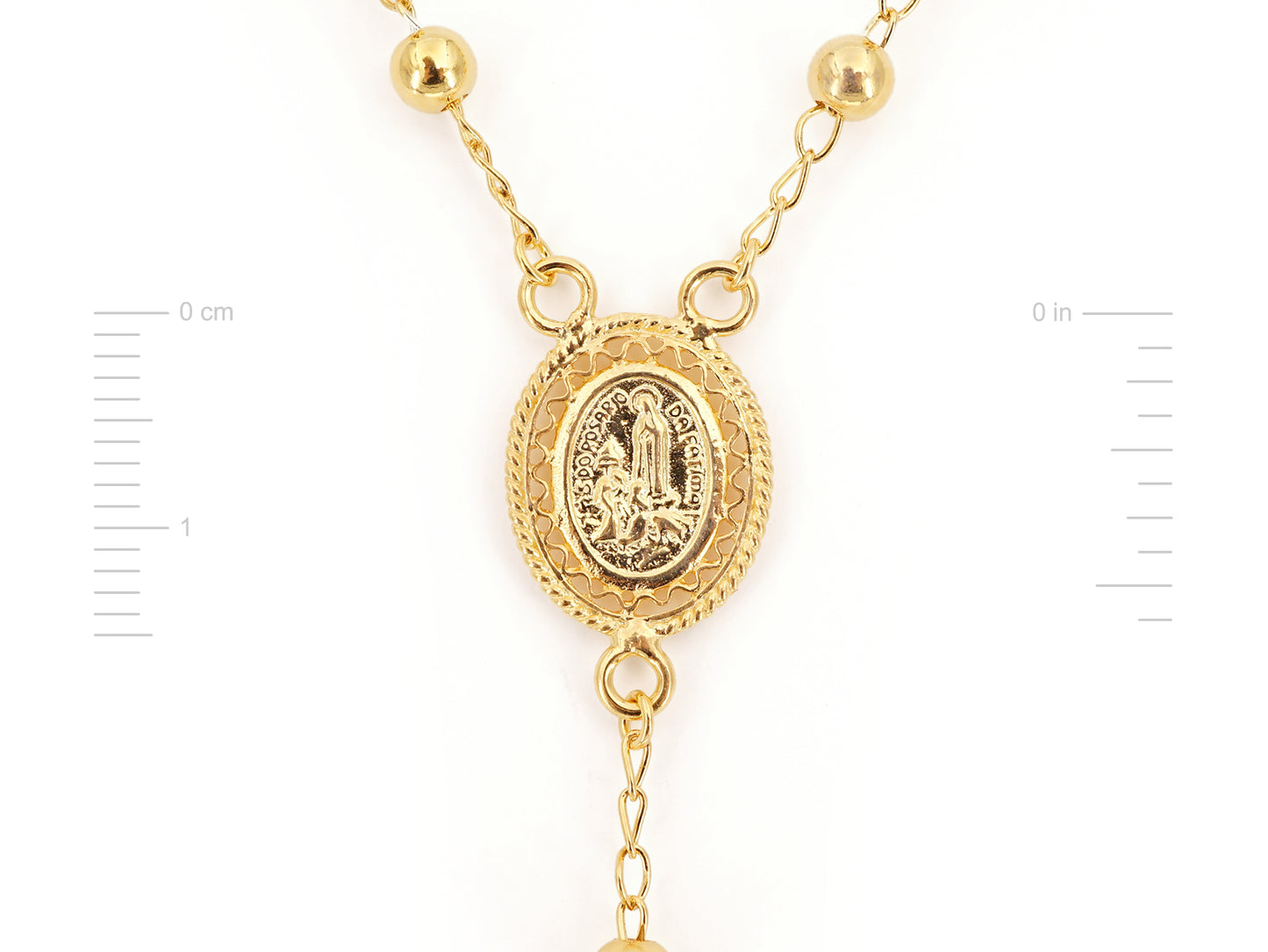 Colar Terço Filigrana Contas Lisas, Filigrana Portuguesa, Prata de Lei 925 Dourada - Medidas Cruz, Vista de Trás