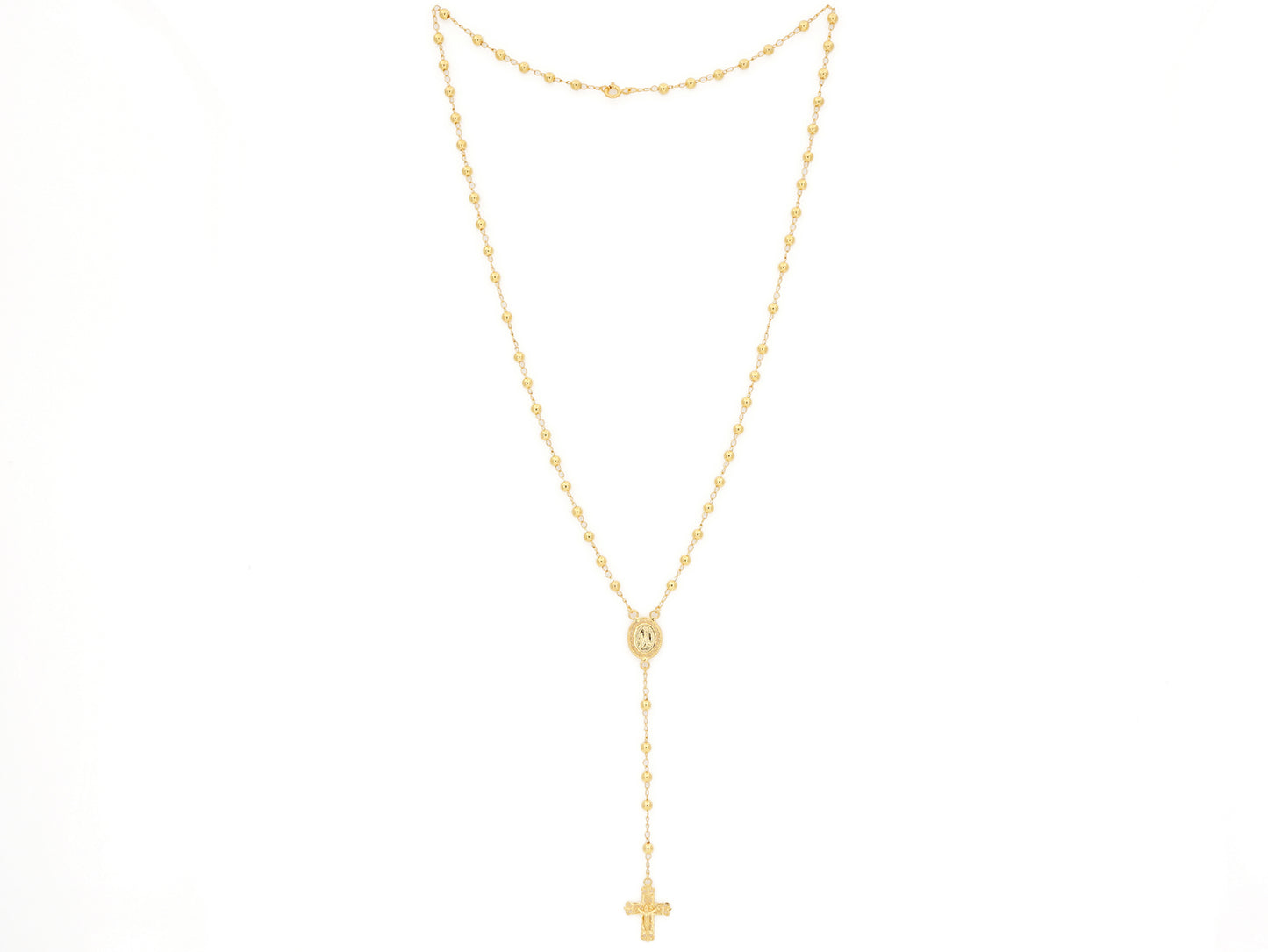 Colar Terço Filigrana Contas Lisas, Filigrana Portuguesa, Prata de Lei 925 Dourada - Vista de Frente Completa