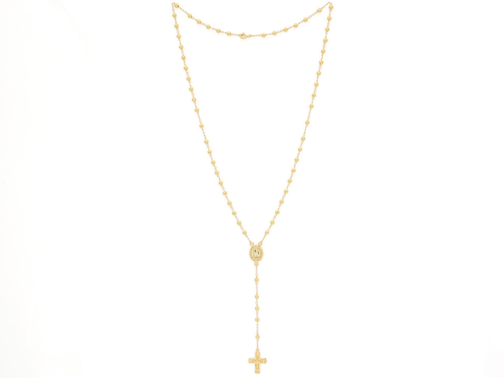 Colar Terço Filigrana Contas Lisas, Filigrana Portuguesa, Prata de Lei 925 Dourada - Vista de Frente Completa