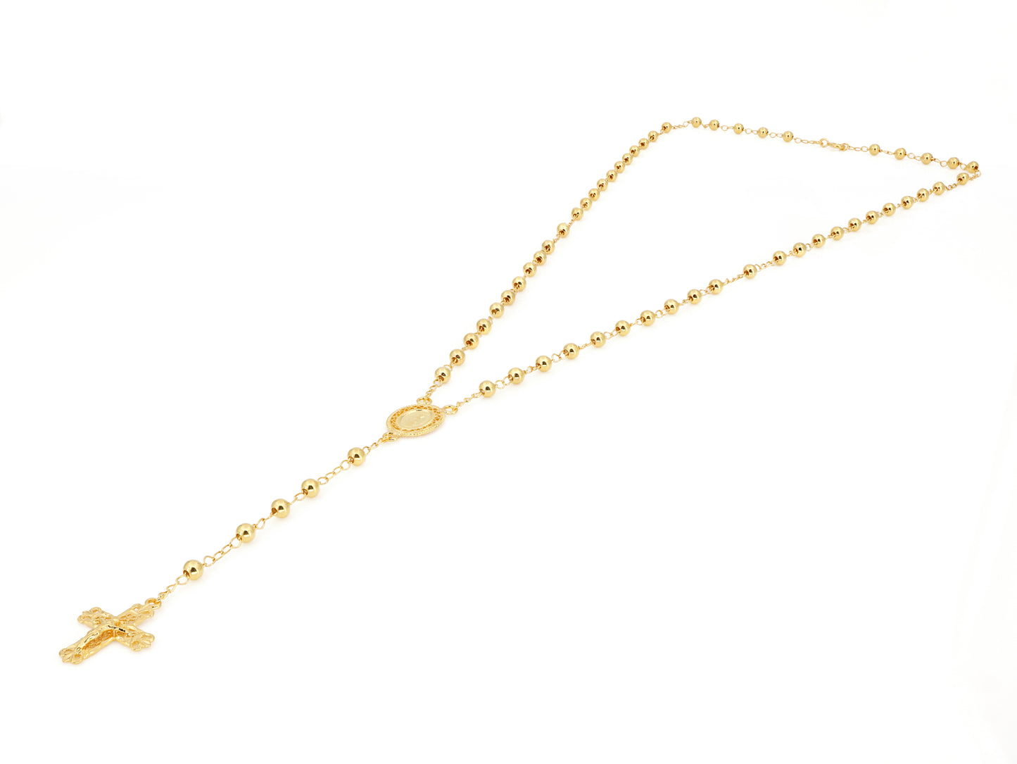 Colar Terço Filigrana Contas Lisas, Filigrana Portuguesa, Prata de Lei 925 Dourada - Perspectiva, Vista Completa