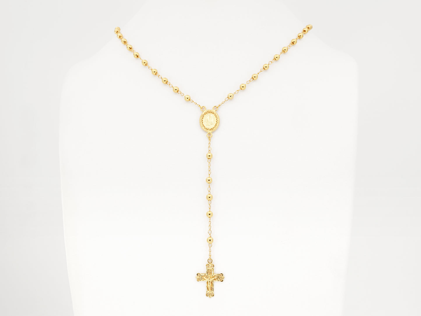 Colar Terço Filigrana Contas Lisas, Filigrana Portuguesa, Prata de Lei 925 Dourada - Colar em Exposição, Vista de Frente