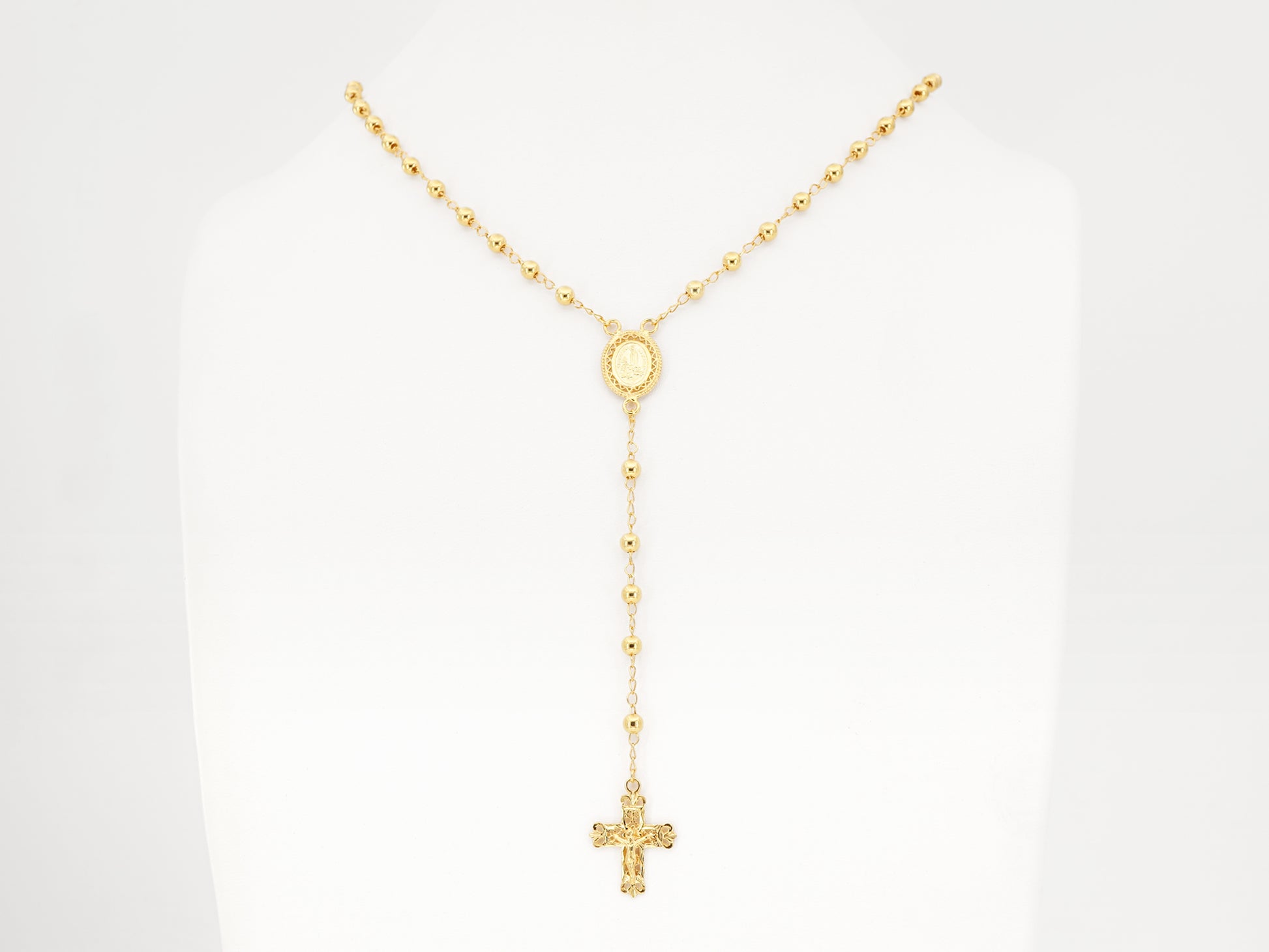 Colar Terço Filigrana Contas Lisas, Filigrana Portuguesa, Prata de Lei 925 Dourada - Colar em Exposição, Vista de Frente