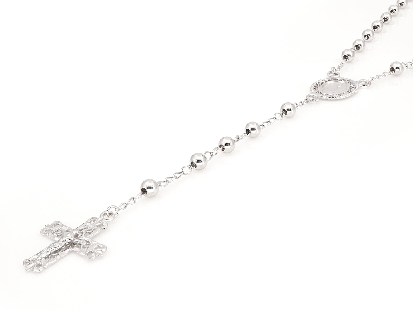 Colar Terço Filigrana Contas Lisas, Filigrana Portuguesa, Prata de Lei 925 - Perspectiva, Cruz e Medalha