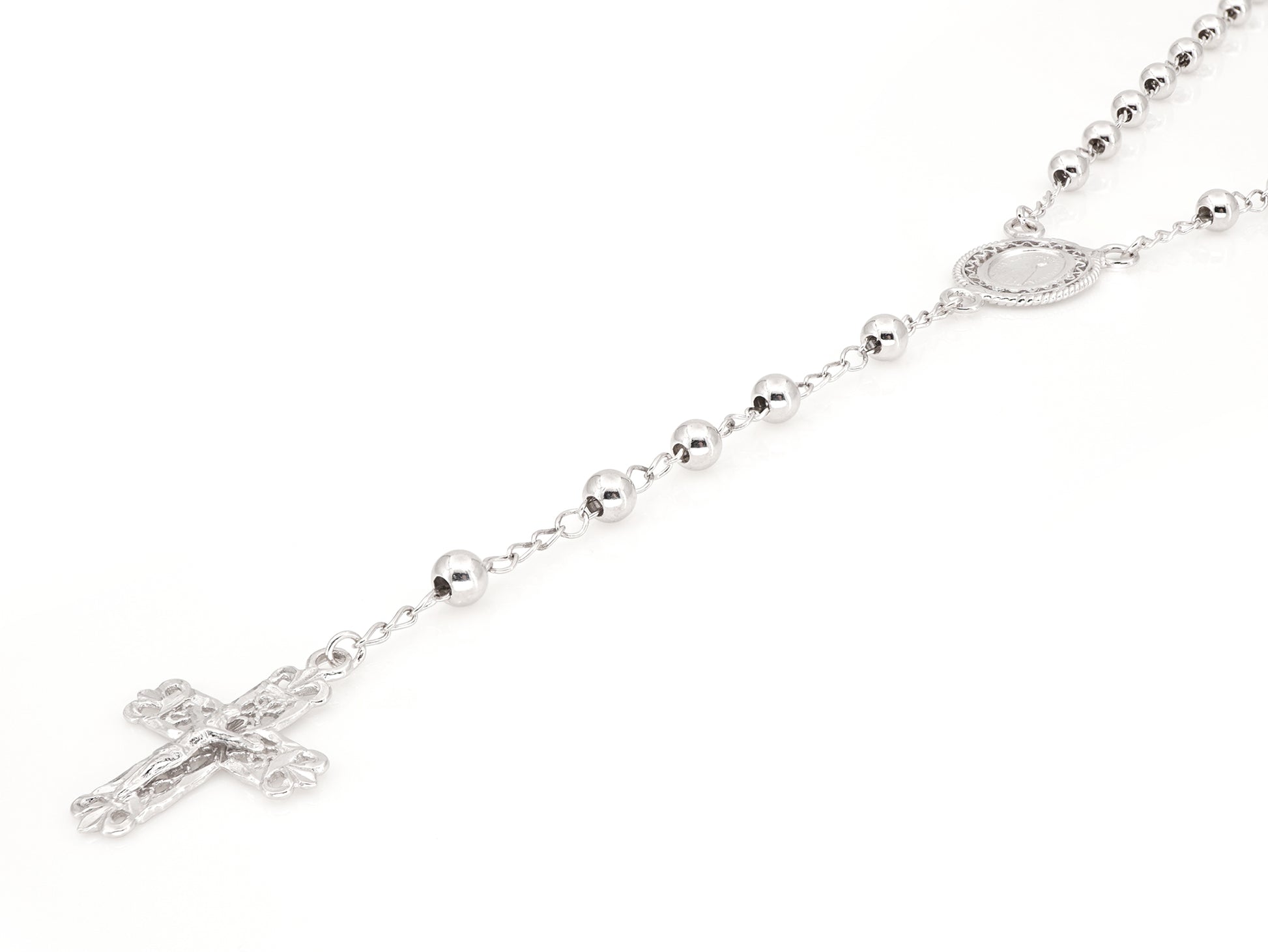 Colar Terço Filigrana Contas Lisas, Filigrana Portuguesa, Prata de Lei 925 - Perspectiva, Cruz e Medalha