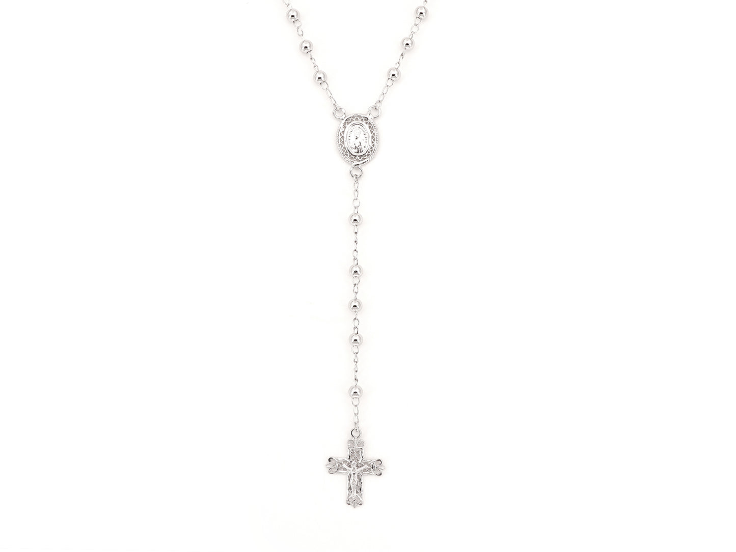 Colar Terço Filigrana Contas Lisas, Filigrana Portuguesa, Prata de Lei 925 - Vista de Frente, Parcial, Cruz e Medalha