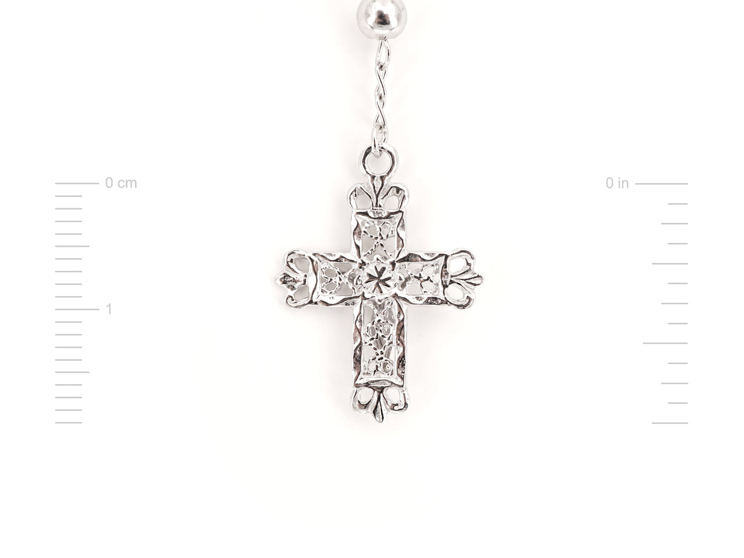 Colar Terço Filigrana Contas Lisas, Filigrana Portuguesa, Prata de Lei 925 - Medidas Cruz, Vista de Trás