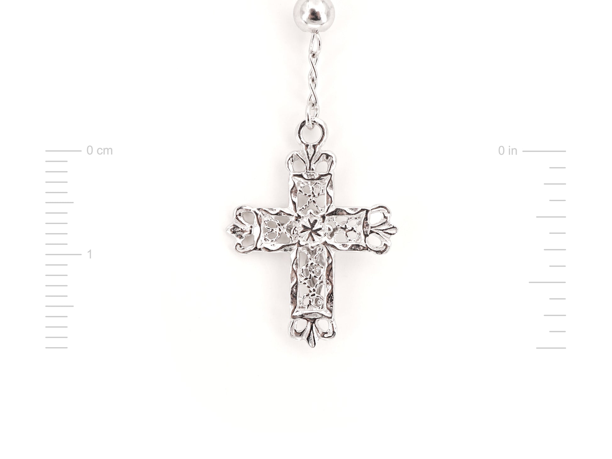 Colar Terço Filigrana Contas Lisas, Filigrana Portuguesa, Prata de Lei 925 - Medidas Cruz, Vista de Trás