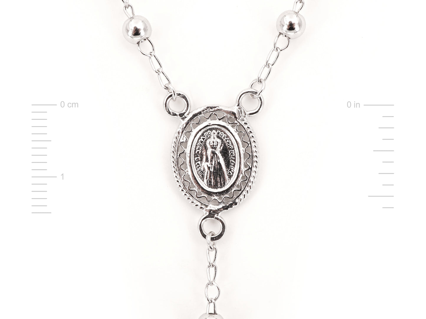 Colar Terço Filigrana Contas Lisas, Filigrana Portuguesa, Prata de Lei 925 - Medidas Medalha, Vista de Frente