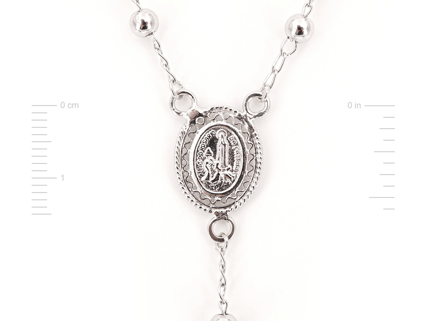 Colar Terço Filigrana Contas Lisas, Filigrana Portuguesa, Prata de Lei 925 - Medidas Medalha, Vista de Trás
