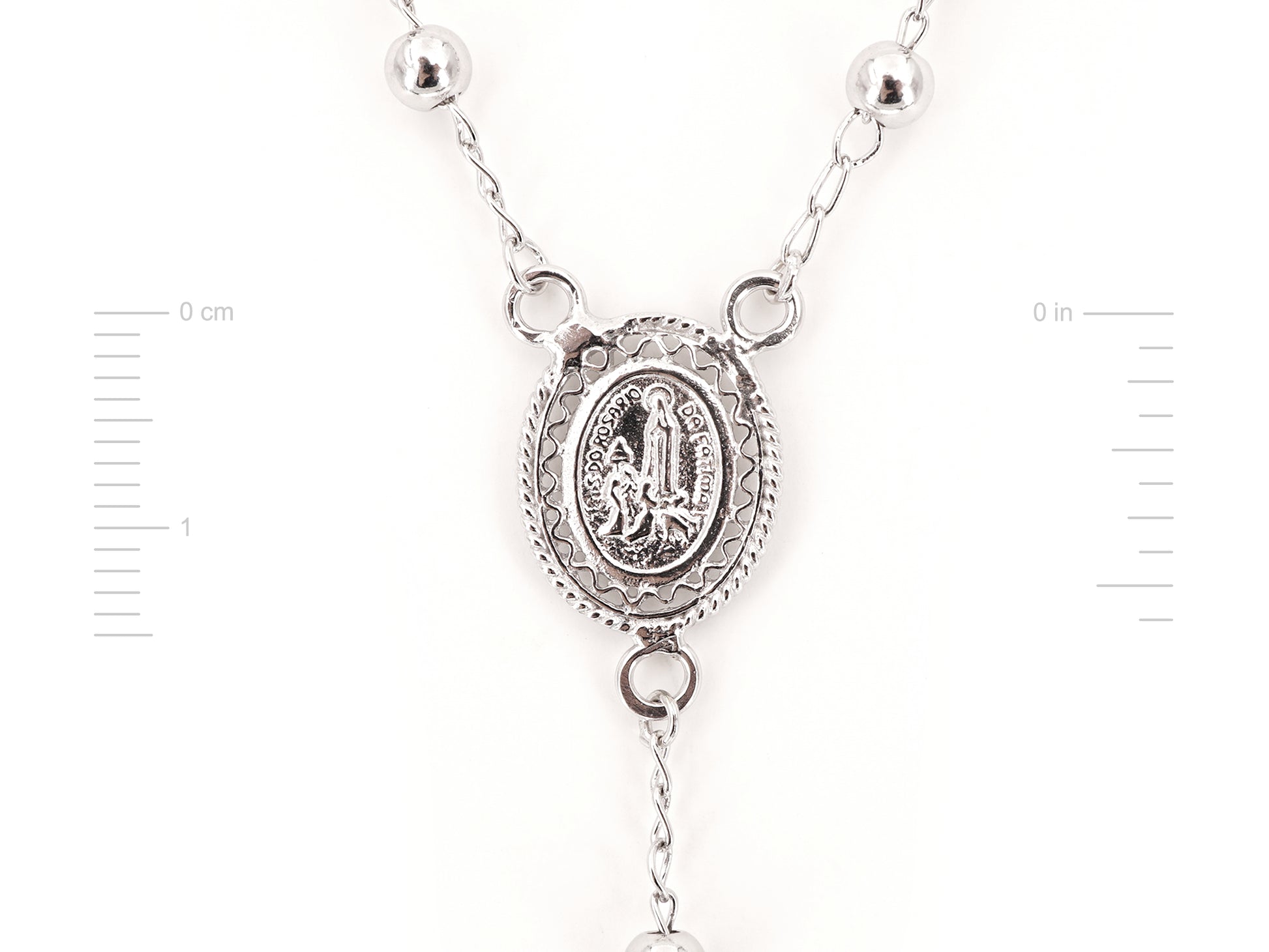 Colar Terço Filigrana Contas Lisas, Filigrana Portuguesa, Prata de Lei 925 - Medidas Medalha, Vista de Trás
