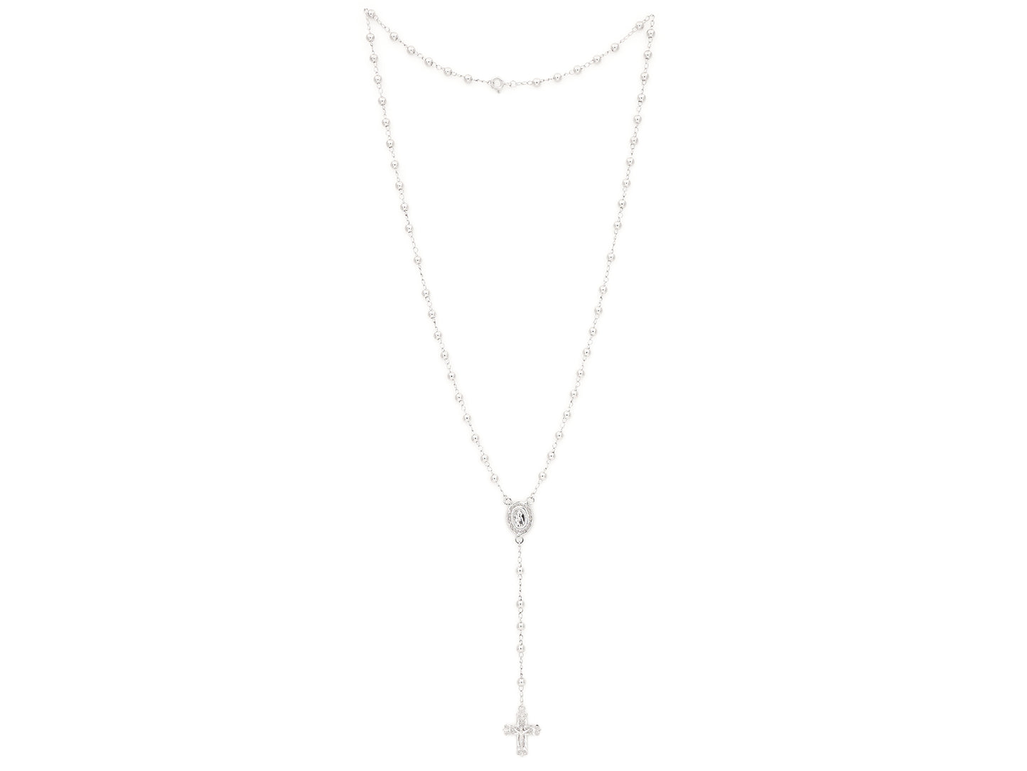 Colar Terço Filigrana Contas Lisas, Filigrana Portuguesa, Prata de Lei 925 - Vista de Frente, Completa