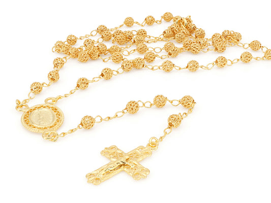 Colar Terço Filigrana Contas Rendilhadas, Filigrana Portuguesa, Prata de Lei 925 Dourada