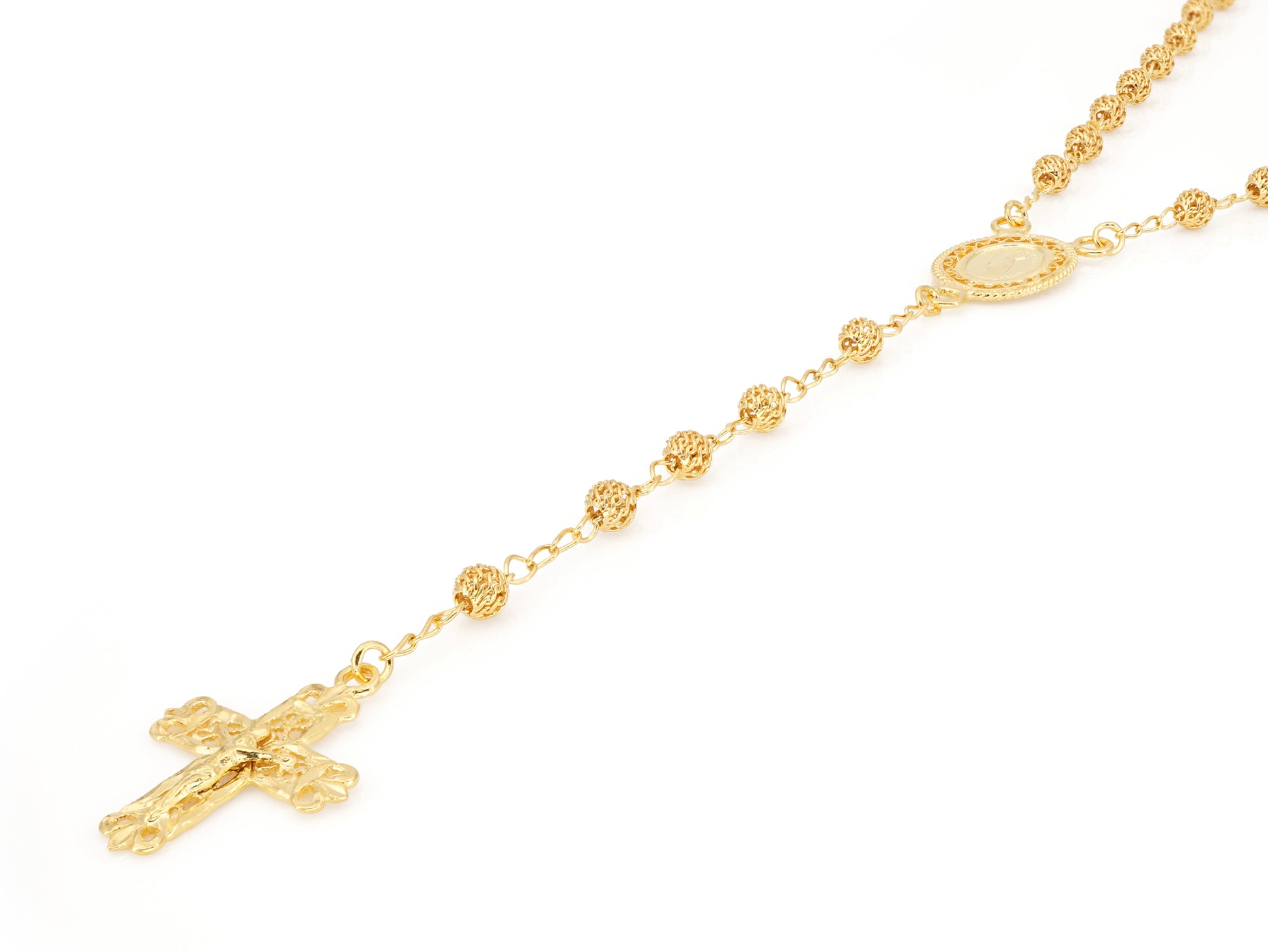 Colar Terço Filigrana Contas Rendilhadas, Filigrana Portuguesa, Prata de Lei 925 Dourada - Perspectiva, Cruz e Medalha