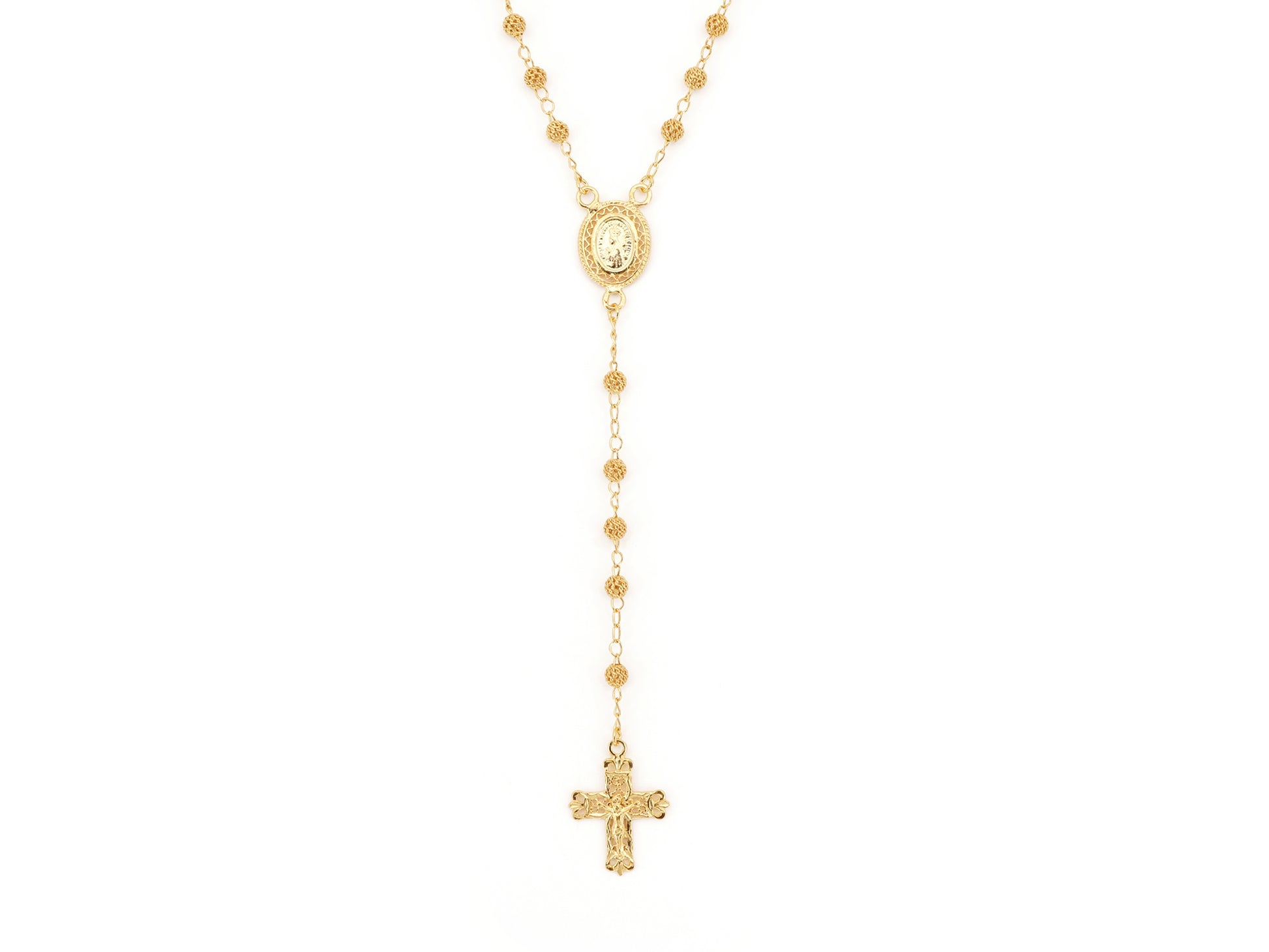 Colar Terço Filigrana Contas Rendilhadas, Filigrana Portuguesa, Prata de Lei 925 Dourada - Vista de Frente, Cruz e Medalha