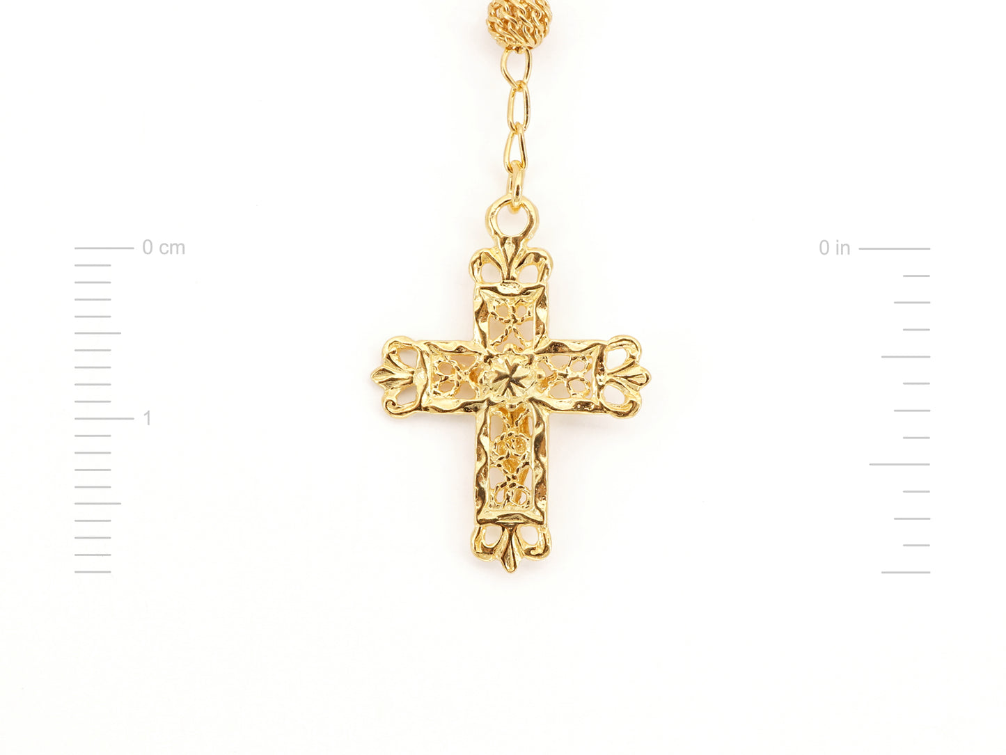 Colar Terço Filigrana Contas Rendilhadas, Filigrana Portuguesa, Prata de Lei 925 Dourada - Medidas Cruz, Vista de Trás