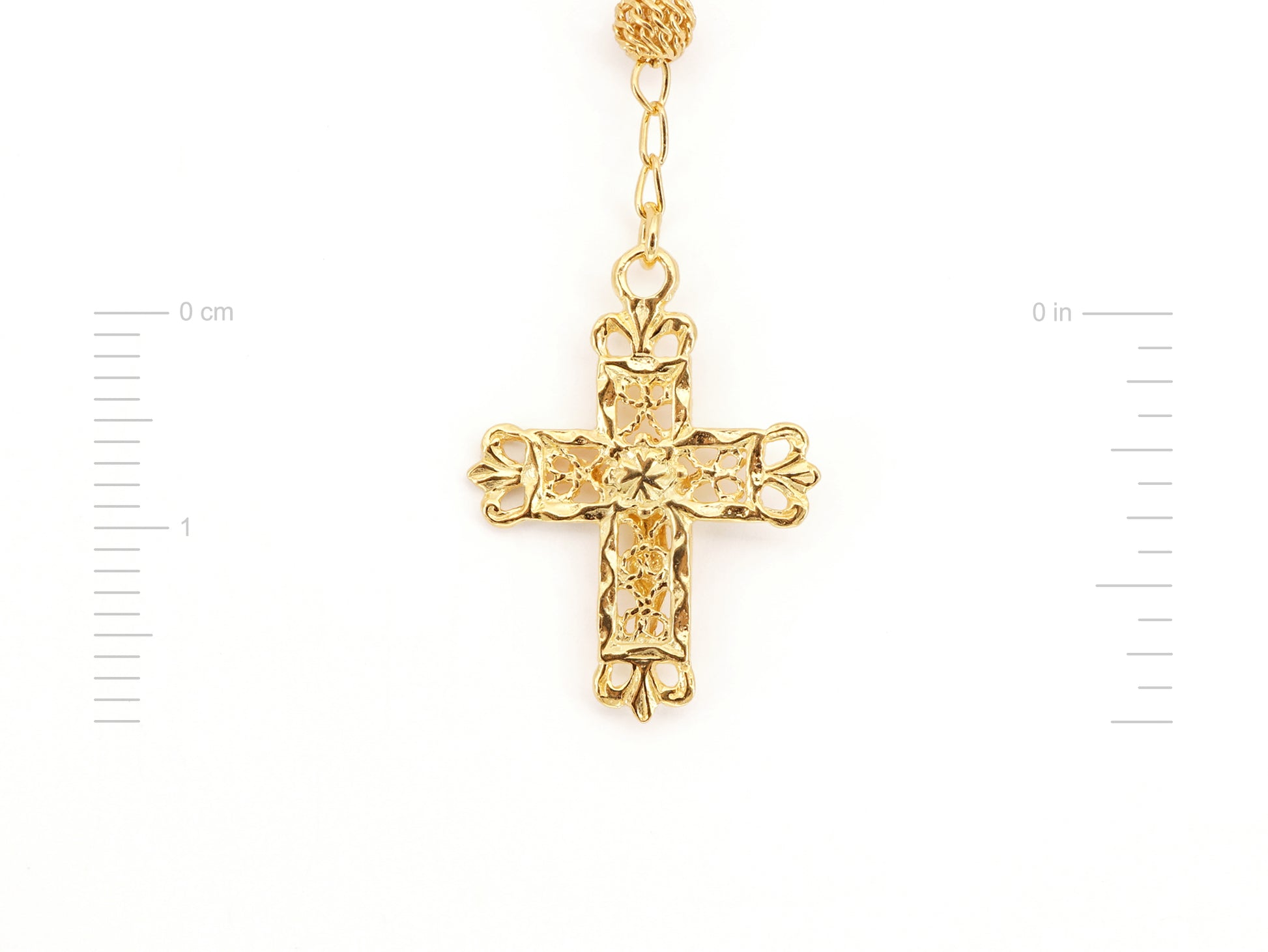 Colar Terço Filigrana Contas Rendilhadas, Filigrana Portuguesa, Prata de Lei 925 Dourada - Medidas Cruz, Vista de Trás