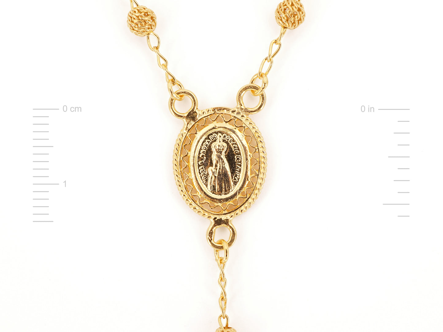 Colar Terço Filigrana Contas Rendilhadas, Filigrana Portuguesa, Prata de Lei 925 Dourada - Medidas Medalha, Vista de Frente