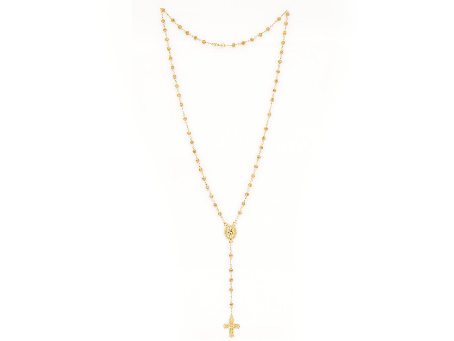 Colar Terço Filigrana Contas Rendilhadas, Filigrana Portuguesa, Prata de Lei 925 Dourada - Vista de Frente, Completa